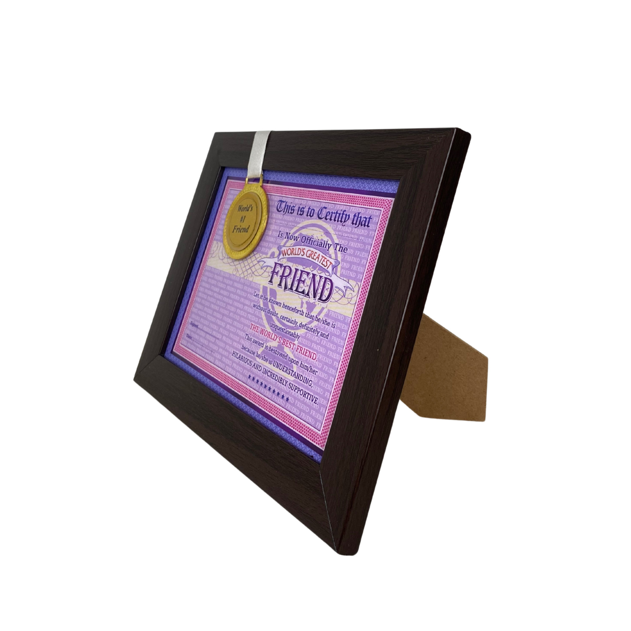 The World's Best Friend Framed Certificate with World's #1 Friend Gold Medal- Unique Gifts for Friend