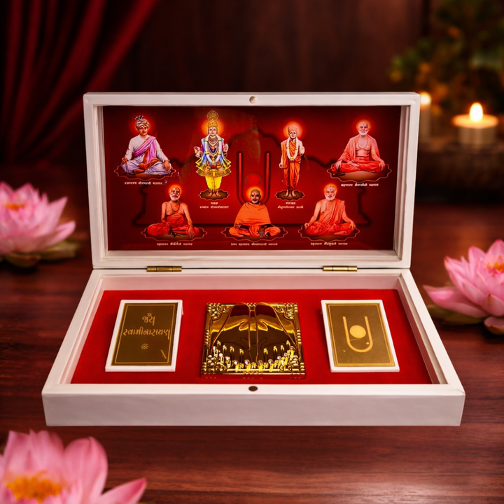 24 Karat Gold Plated Jai Swaminarayan Idol in White Charan Paduka Box with Chandan Fragrance