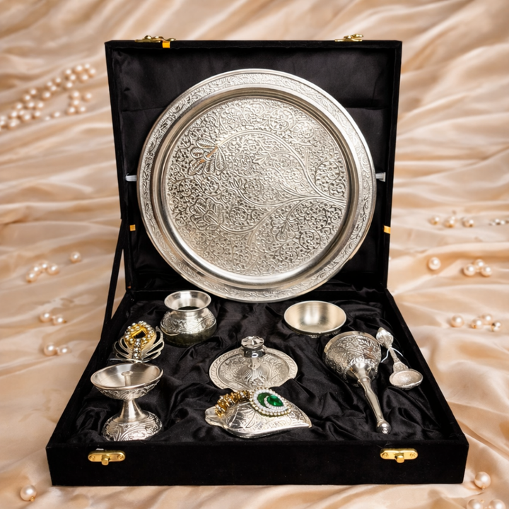 Ultra Luxury Silver-Plated Gift Hamper in Velvet Box with Silver Plated Pooja Thali & 8 Mandir Essentials