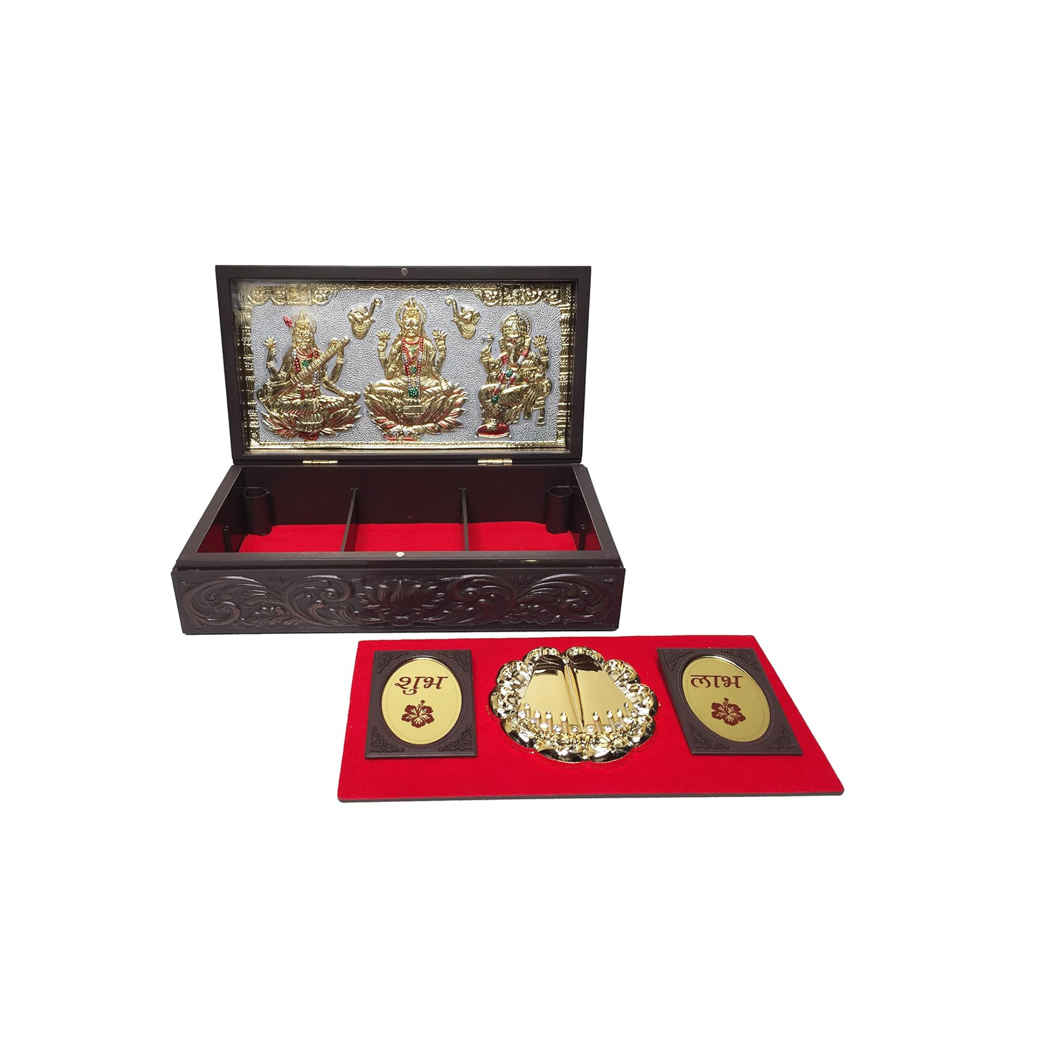 Gold Plated Laxmi Ganesha Saraswati Figurine in Decorative Box with Chandan Fragrance