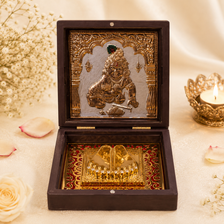24KT Gold Plated Laddu Gopal Idol with Charan Paduka in Pocket Temple