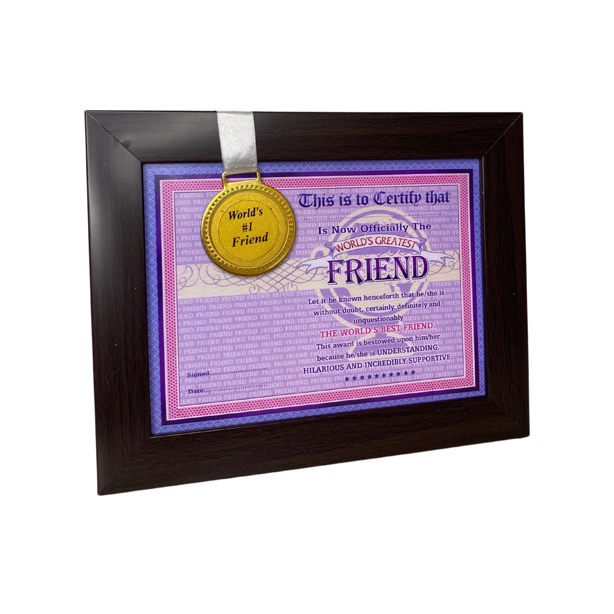 The World's Best Friend Framed Certificate with World's #1 Friend Gold Medal- Unique Gifts for Friend