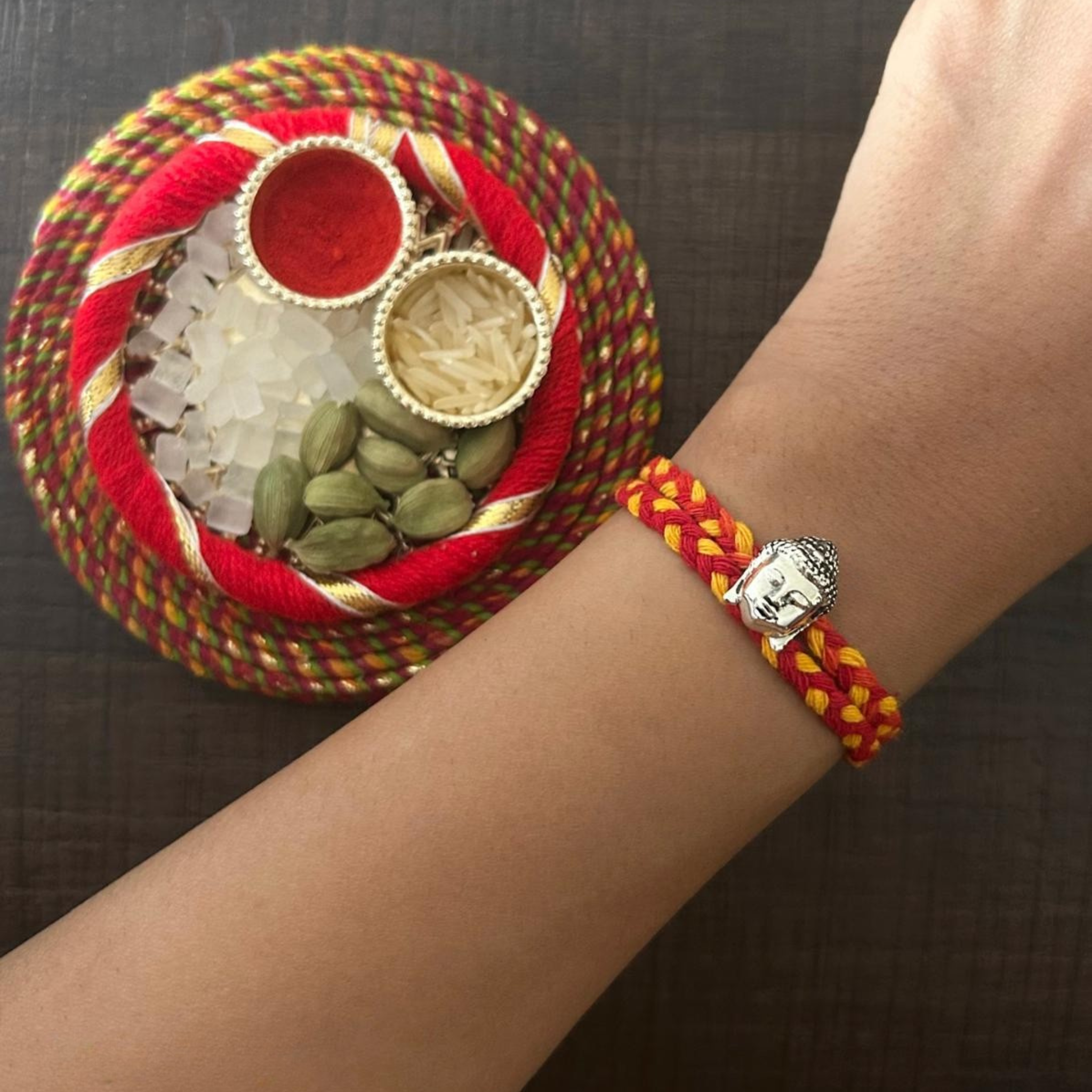 Buddha Silver Rakhi for Brother with Roli Chawal and Greeting Card For Brother