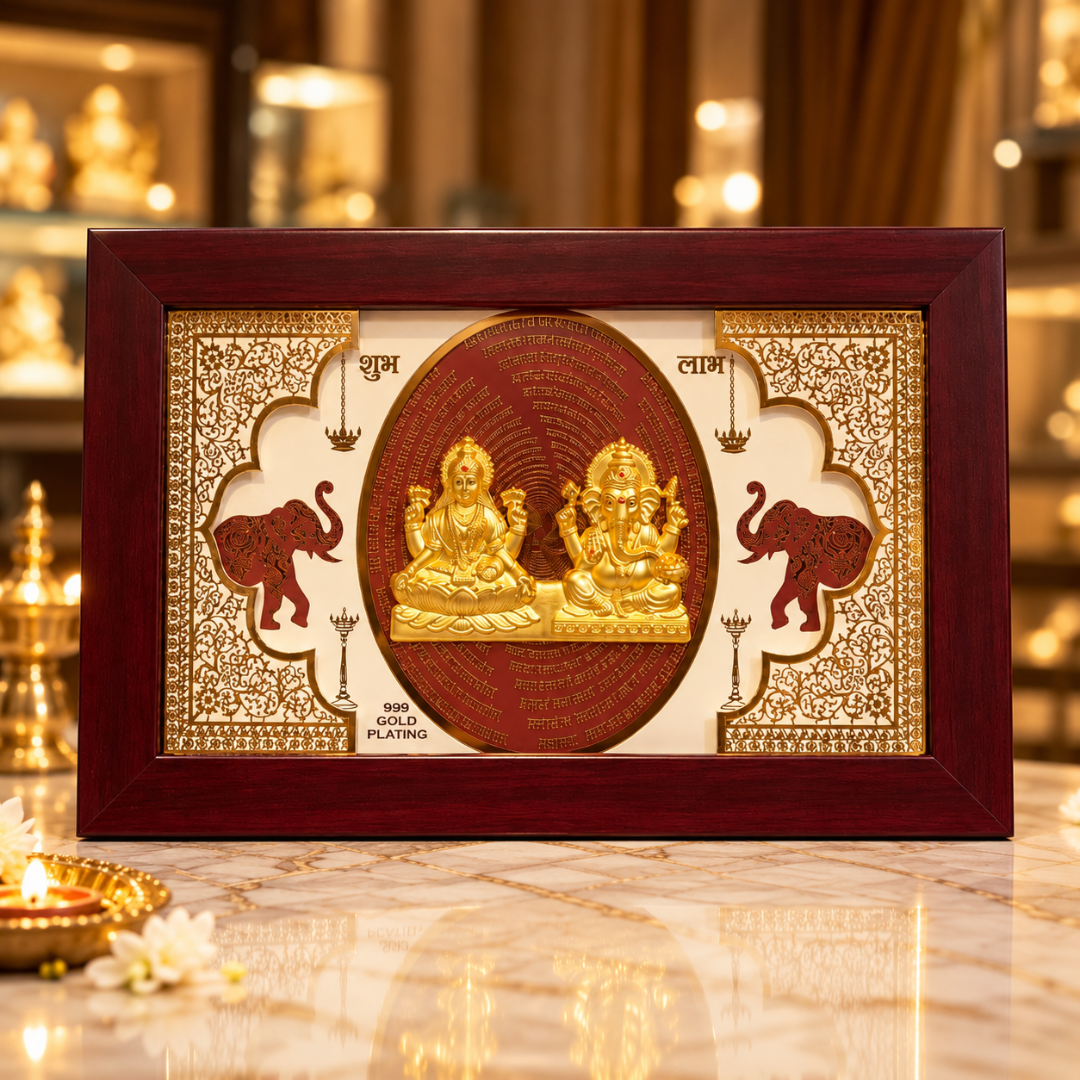 999 Gold Plated Lakshmi Ganesha Wall Hanging in Wooden Frame