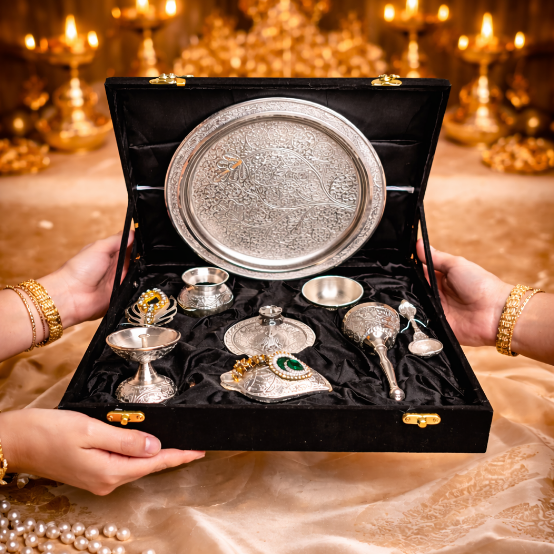 Ultra Luxury Silver-Plated Gift Hamper in Velvet Box with Silver Plated Pooja Thali & 8 Mandir Essentials