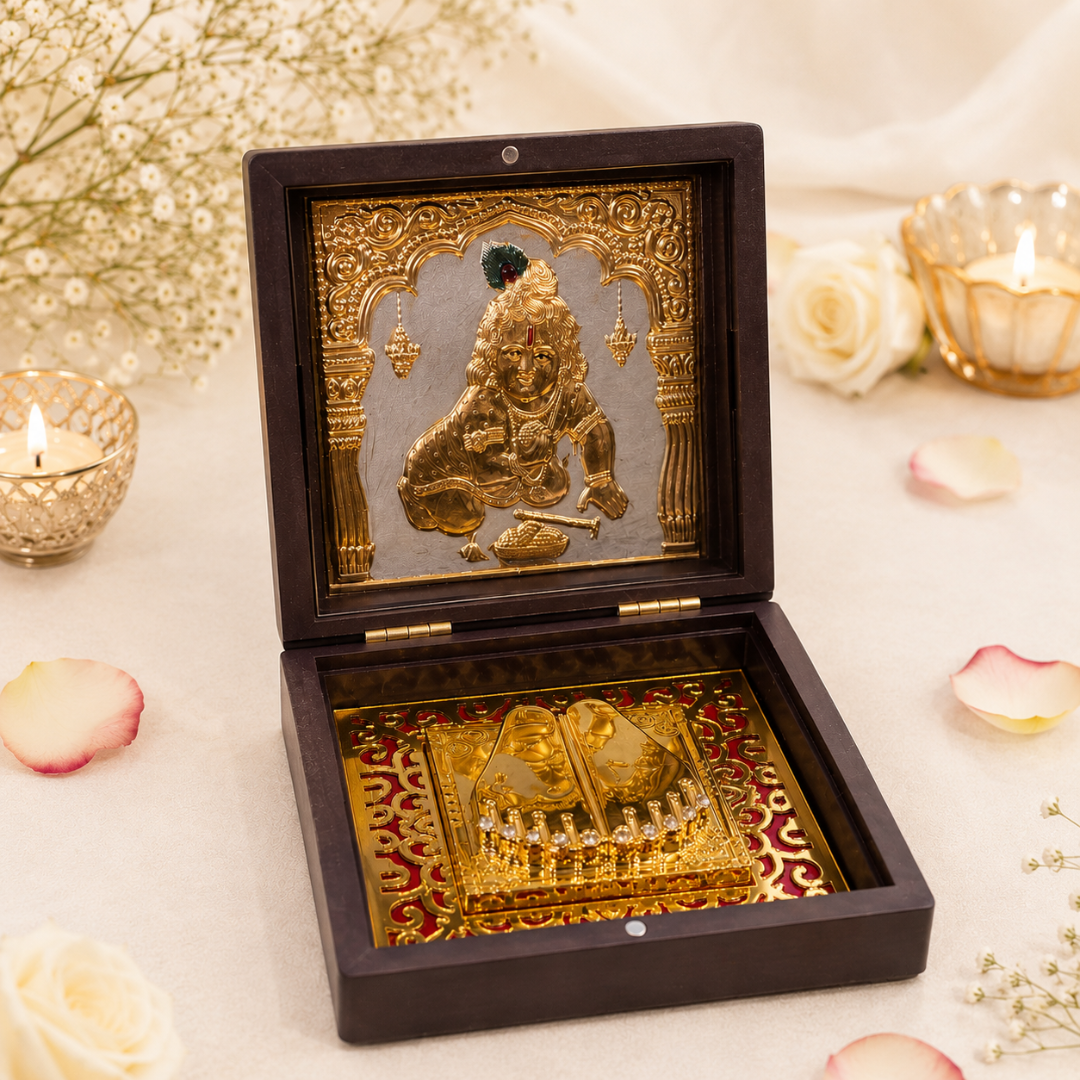 24KT Gold Plated Laddu Gopal Idol with Charan Paduka in Pocket Temple