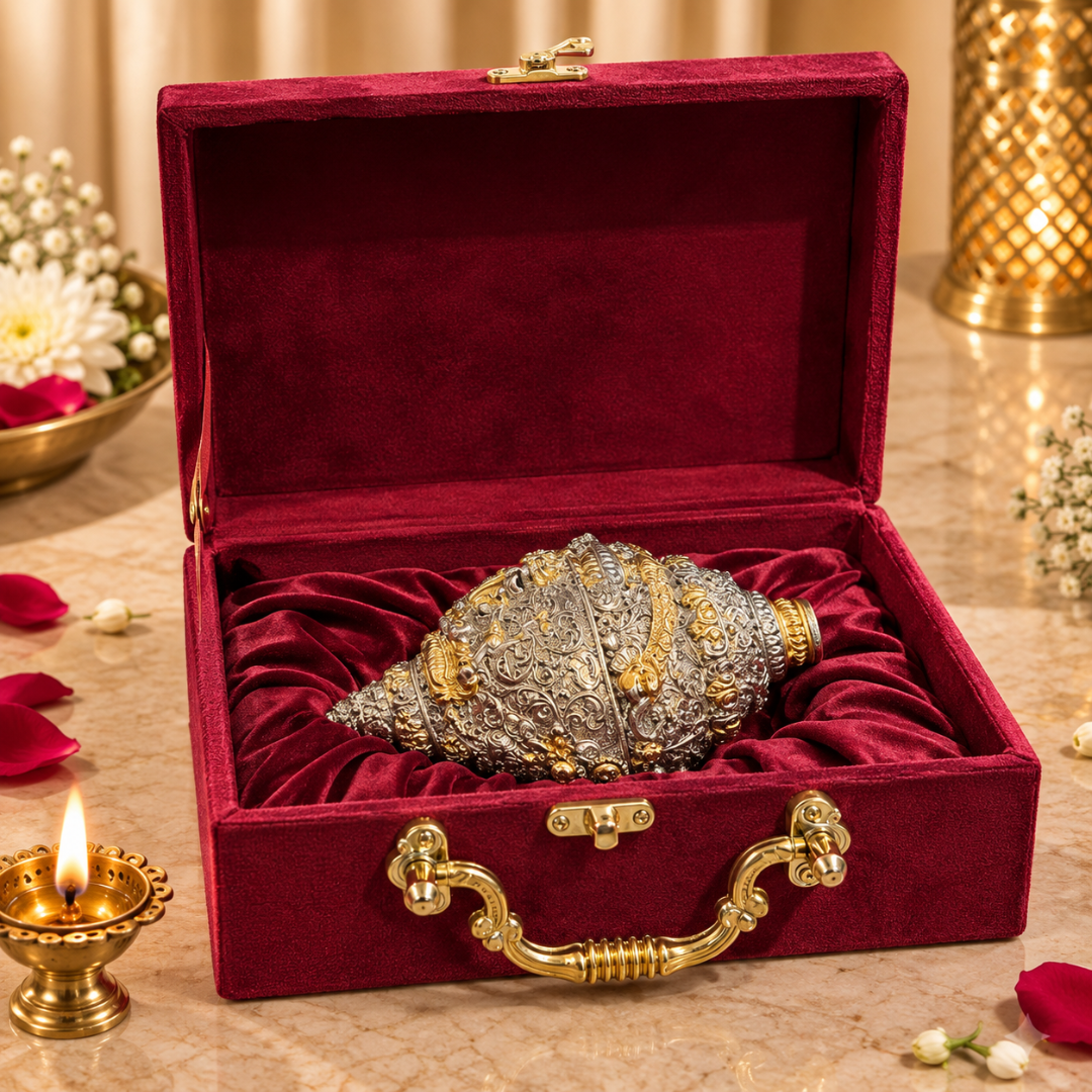999 Silver Plated Ganesha Shankh 7 Inches in Premium Velvet Gift Box