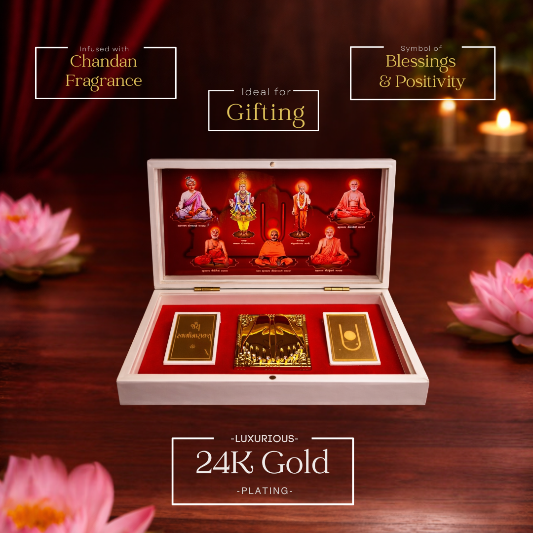 24 Karat Gold Plated Jai Swaminarayan Idol in White Charan Paduka Box with Chandan Fragrance
