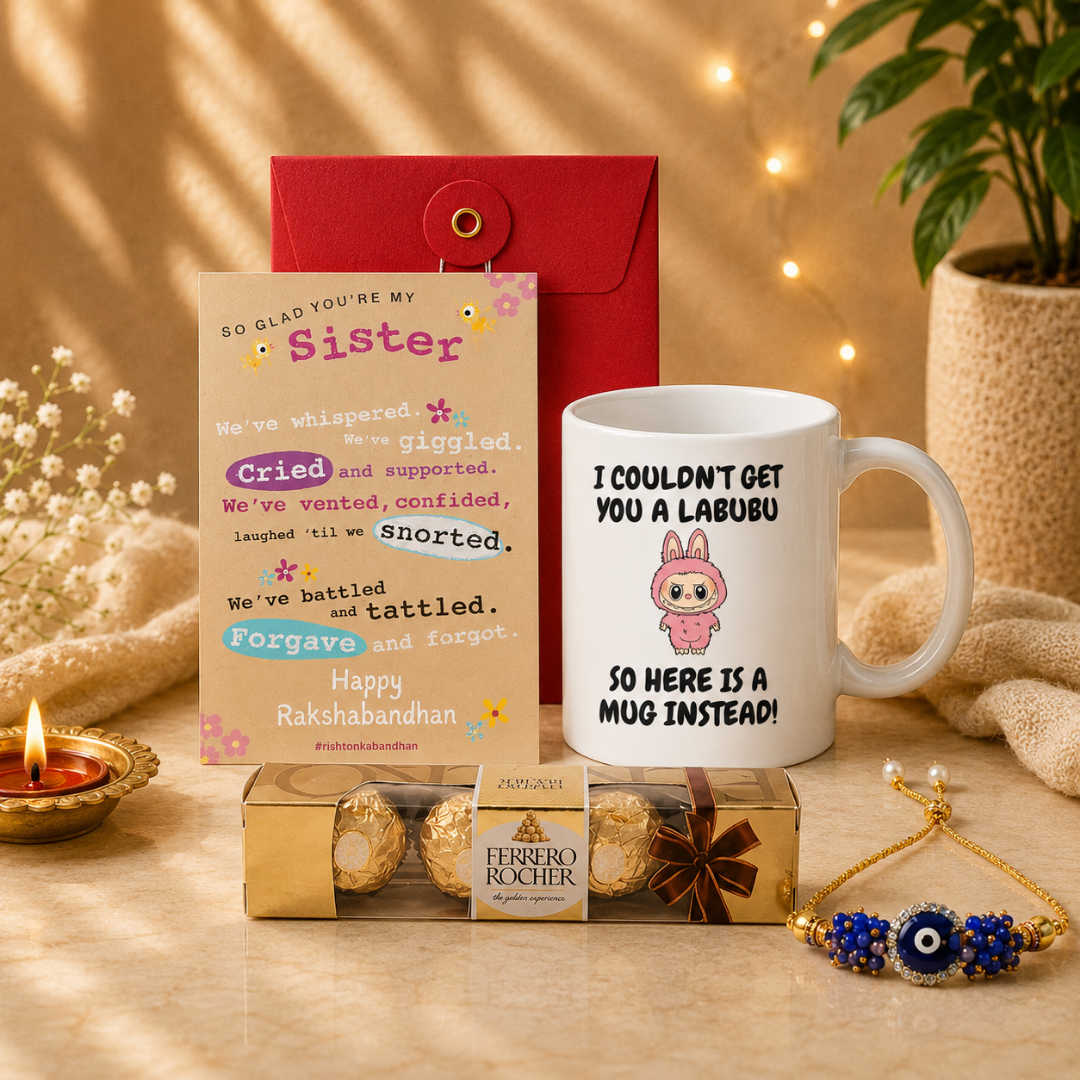 Raksha Bandhan Gift Combo with Greeting Card, Coffee Mug, Lumba Rakhi for Sister