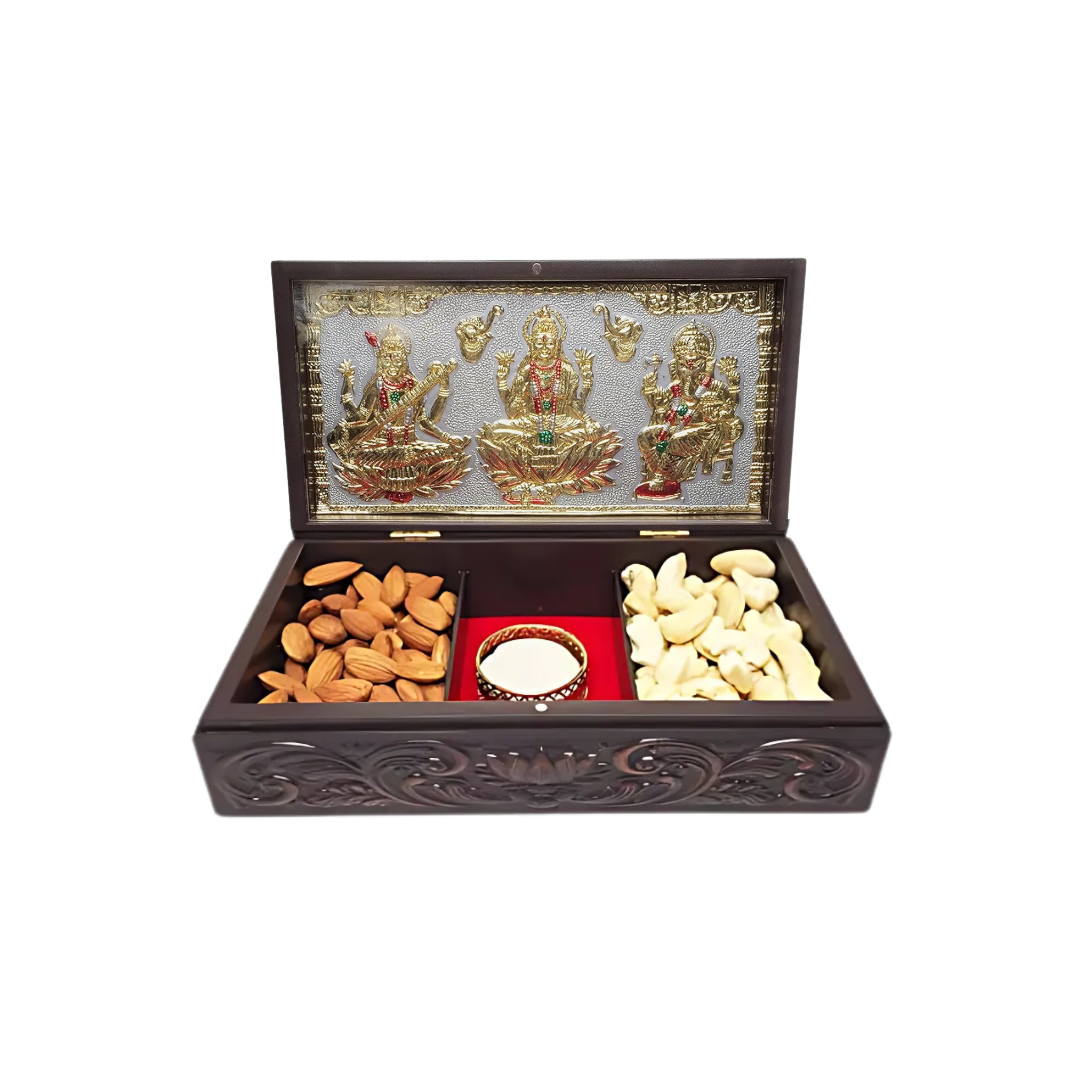 Gold Plated Laxmi Ganesha Saraswati Figurine in Decorative Box with Chandan Fragrance