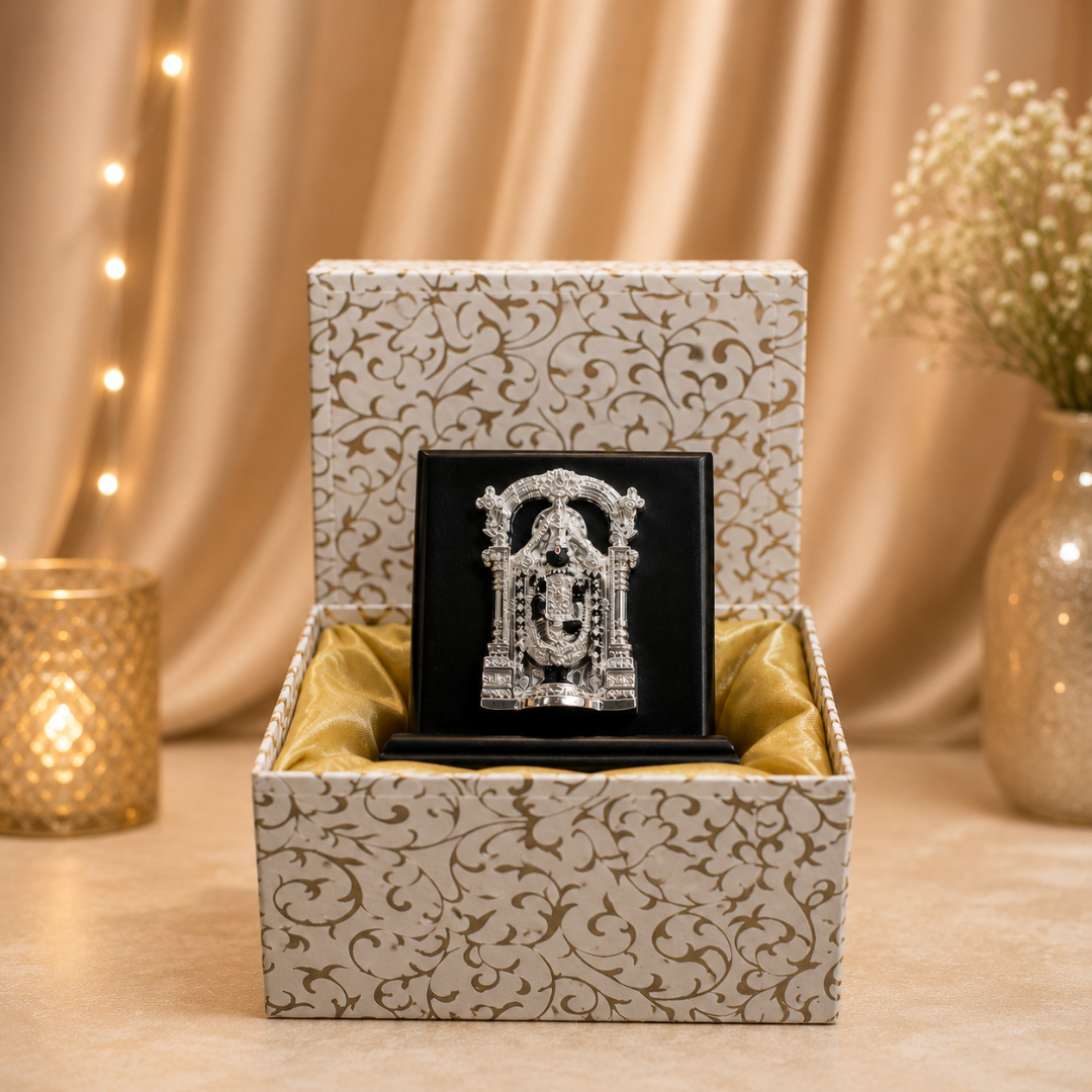 999 Silver Plated Tirupati Balaji Idol with MDF Base in Premium Gift Box ( 4 x 4 Inches)