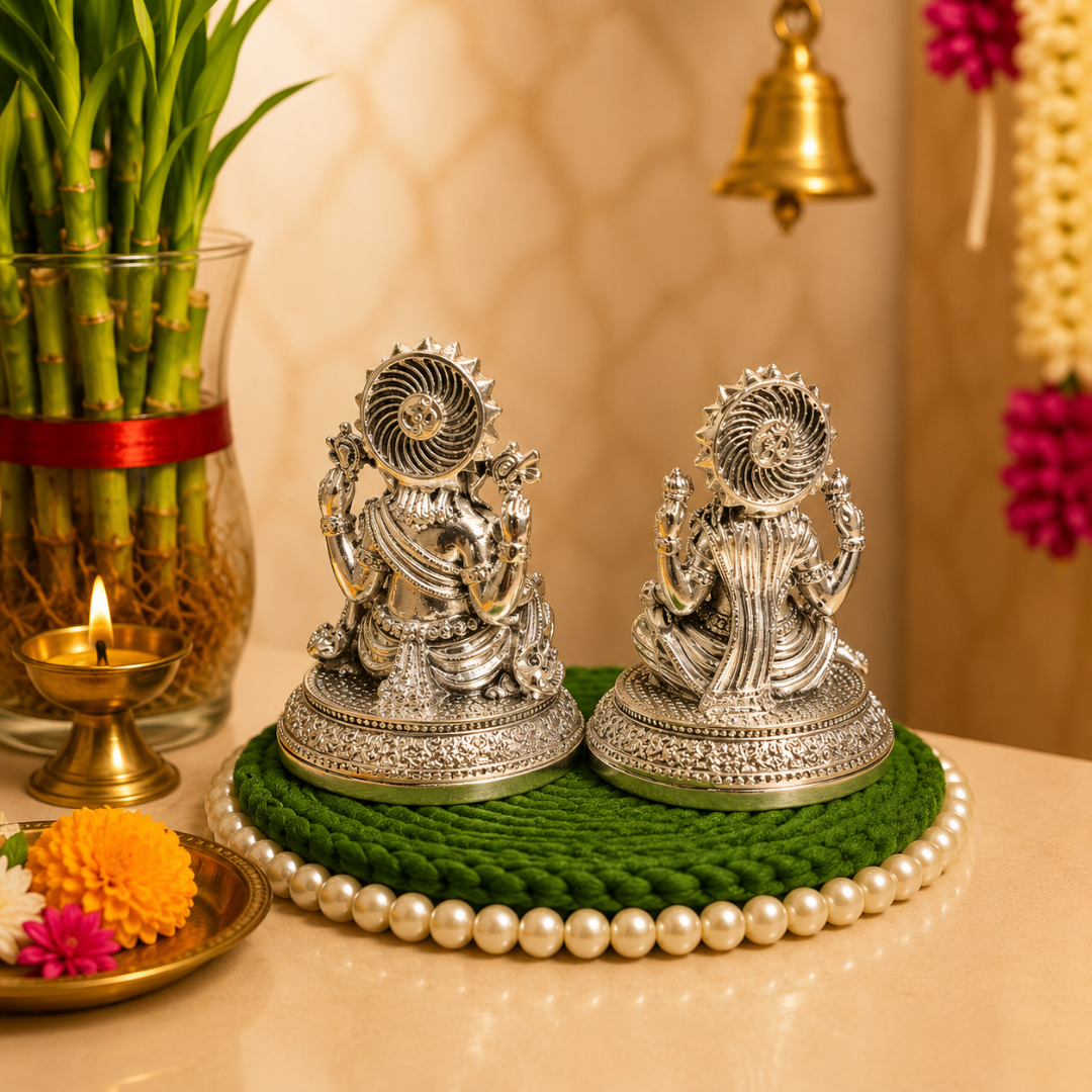 999 Silver Plated Lakshmi Ganesha Idol Set, 3 Inch  with Gift Box