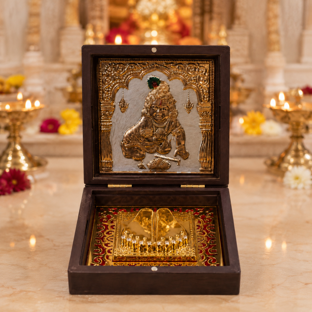 24KT Gold Plated Laddu Gopal Idol with Charan Paduka in Pocket Temple
