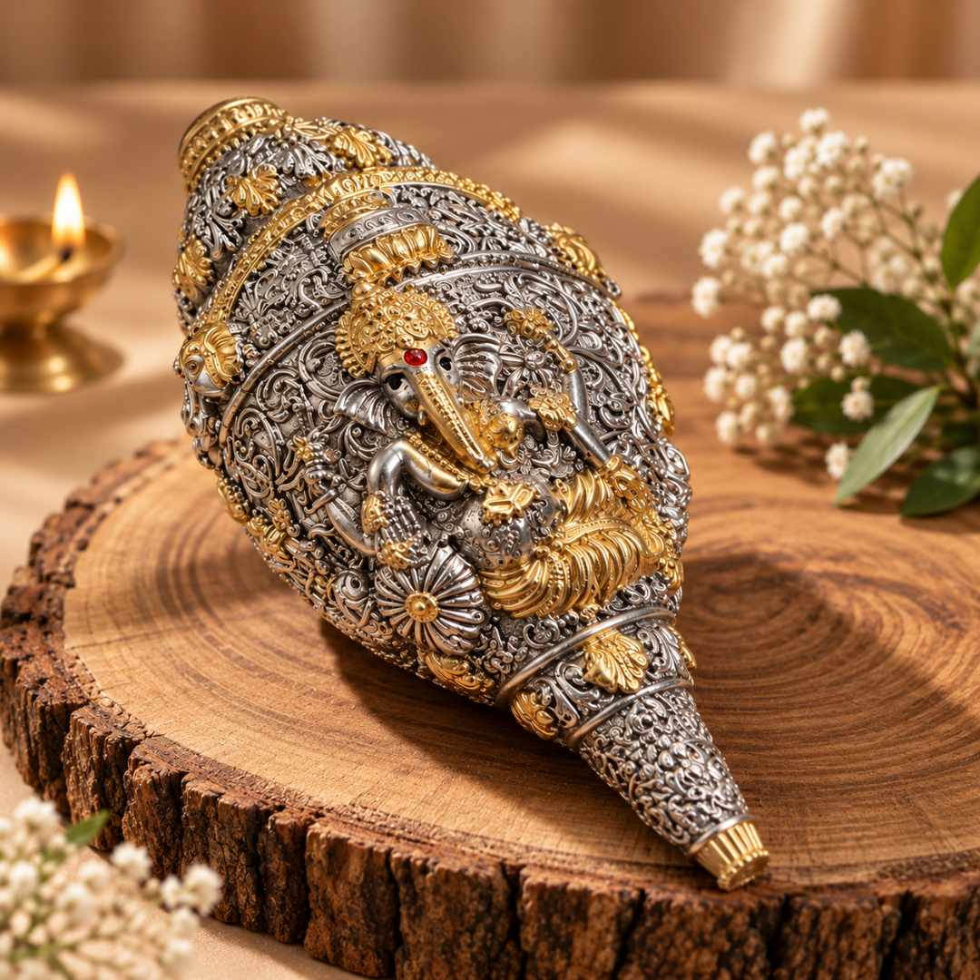 999 Silver Plated Ganesha Shankh 7 Inches in Premium Velvet Gift Box