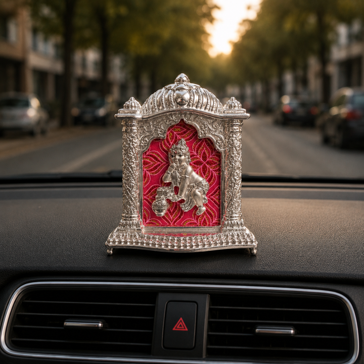 Silver Plated Bal Gopal Photo Frame Style Idol for Car Dashboard | Decorative Spiritual Showpiece for Home, Office & Diwali Gift | Pure Silver Plating, Base 4 Inches, Height 5 Inches