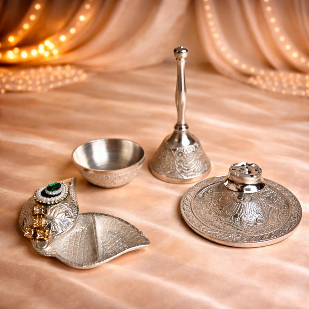 Ultra Luxury Silver-Plated Gift Hamper in Velvet Box with Silver Plated Pooja Thali & 8 Mandir Essentials