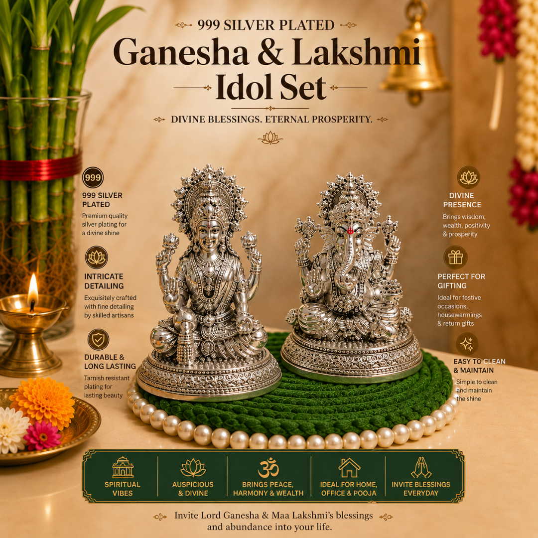 999 Silver Plated Lakshmi Ganesha Idol Set, 3 Inch  with Gift Box