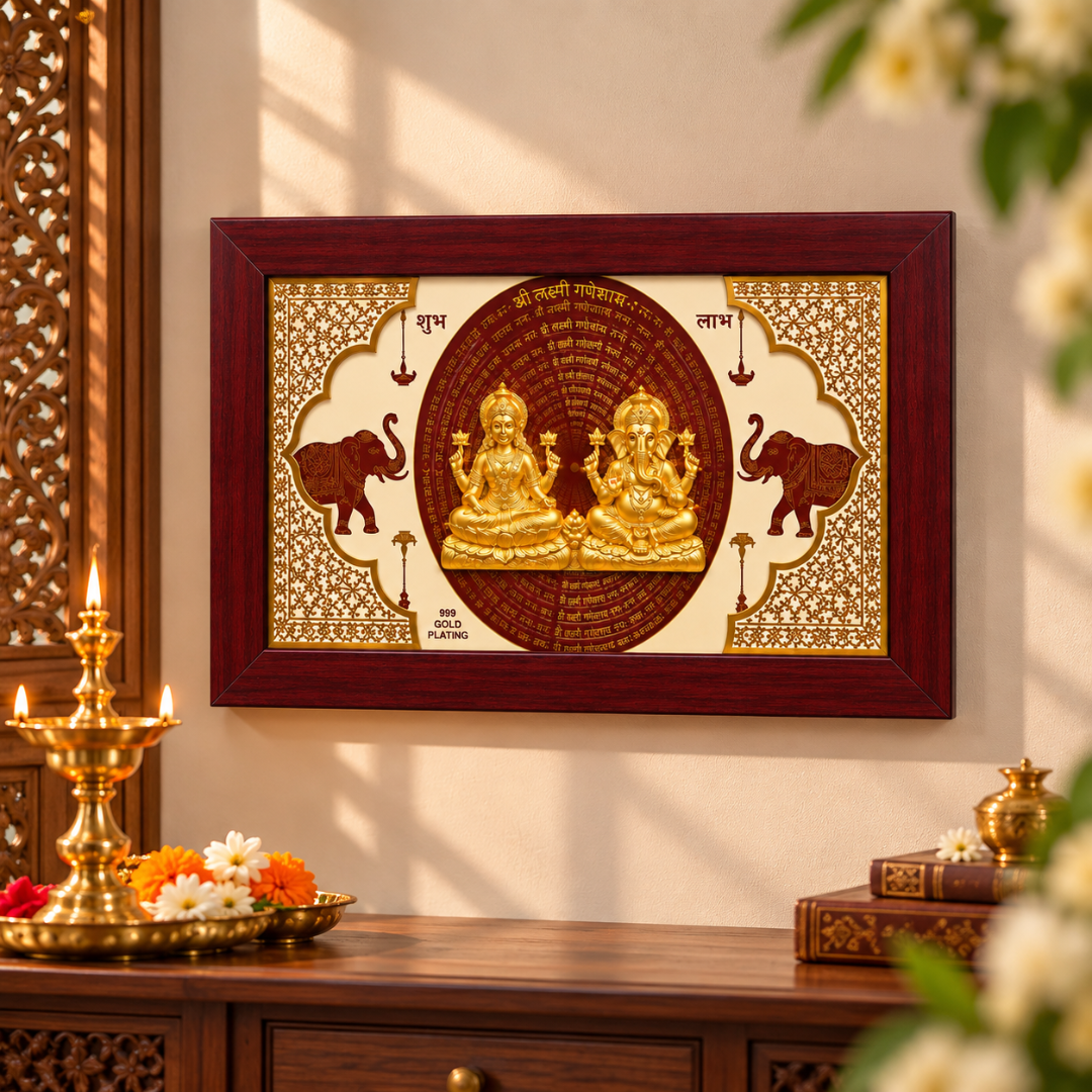999 Gold Plated Lakshmi Ganesha Wall Hanging in Wooden Frame