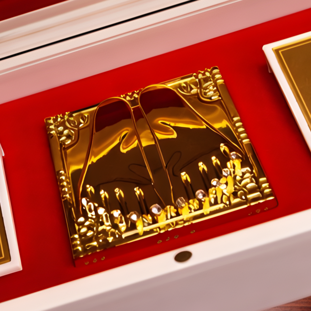 24 Karat Gold Plated Jai Swaminarayan Idol in White Charan Paduka Box with Chandan Fragrance