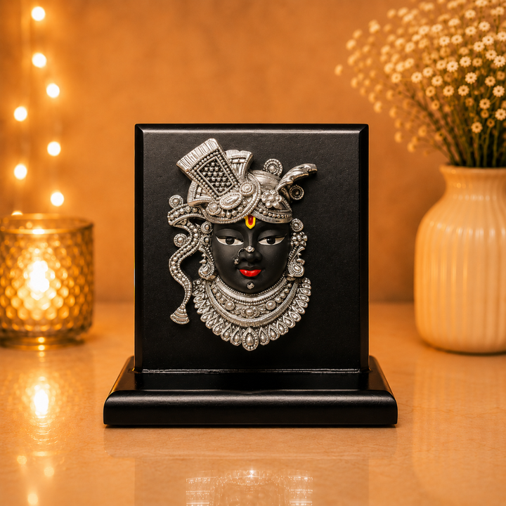 999 Silver Plated Shreenath Ji Idol with MDF Base in Gift Box (4 x 4 Inches)
