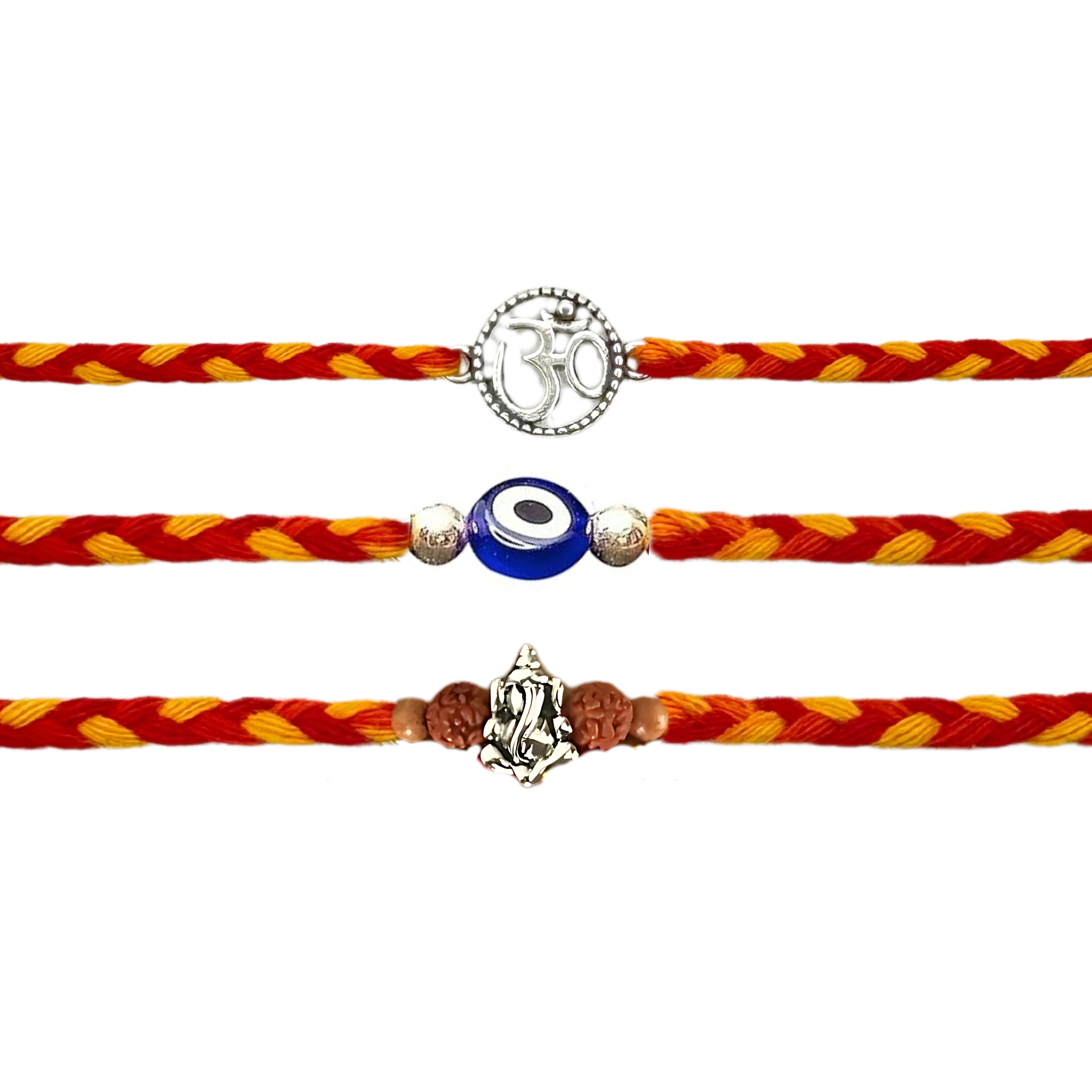 Silver Rakhi Combo for Brothers/Bhai/Bro/Bhaiya - Om, Evil Eye, Ganesha Silver Rakhi Set of 3 for Brother