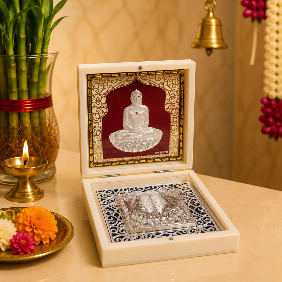 999 Silver Plated Mahavir Swami Idol with Charan Paduka in Gift Box, 4.5 Inch