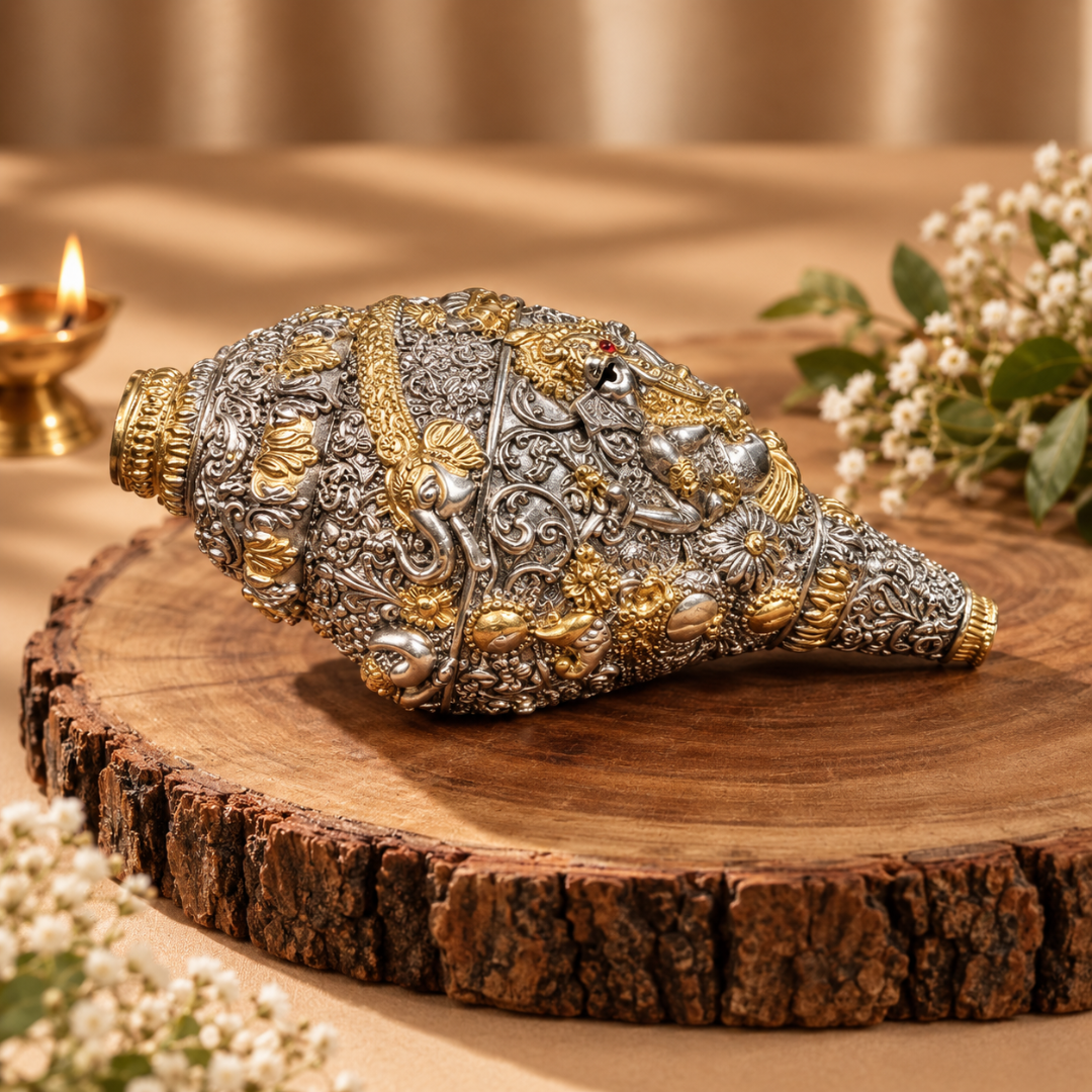 999 Silver Plated Ganesha Shankh 7 Inches in Premium Velvet Gift Box