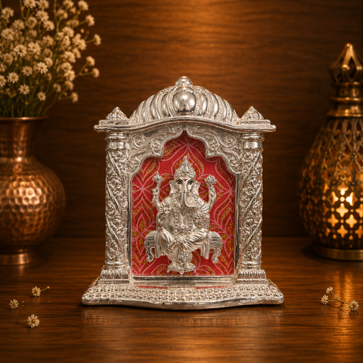 Silver Plated Ganesha Photo Frame Style Idol for Car Dashboard | Decorative Spiritual Showpiece for Home, Office & Diwali Gift | Pure Silver Plating, Base 4 Inches, Height 5 Inches