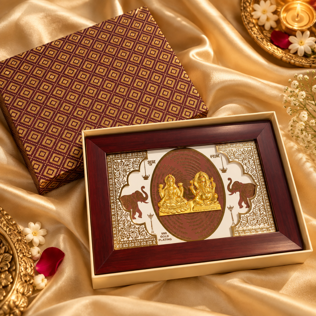 999 Gold Plated Lakshmi Ganesha Wall Hanging in Wooden Frame
