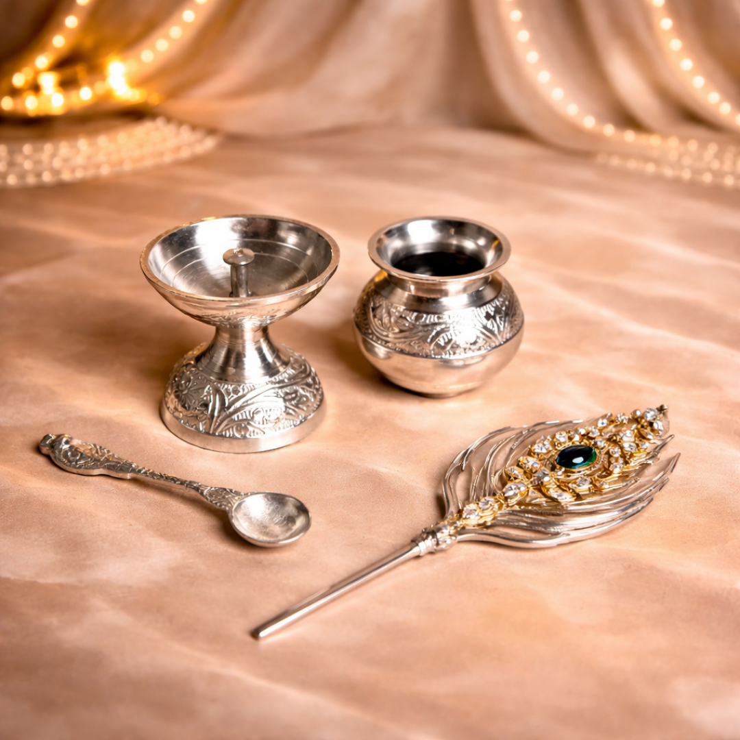Ultra Luxury Silver-Plated Gift Hamper in Velvet Box with Silver Plated Pooja Thali & 8 Mandir Essentials