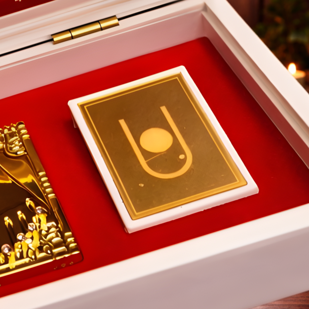 24 Karat Gold Plated Jai Swaminarayan Idol in White Charan Paduka Box with Chandan Fragrance