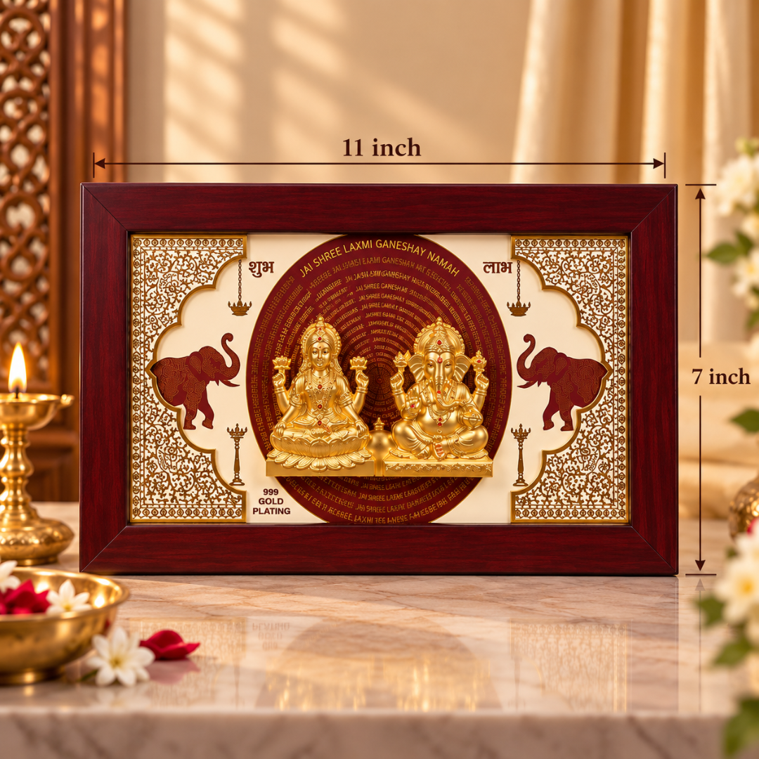 999 Gold Plated Lakshmi Ganesha Wall Hanging in Wooden Frame