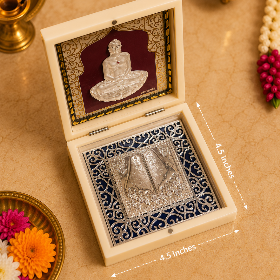 999 Silver Plated Mahavir Swami Idol with Charan Paduka in Gift Box, 4.5 Inch