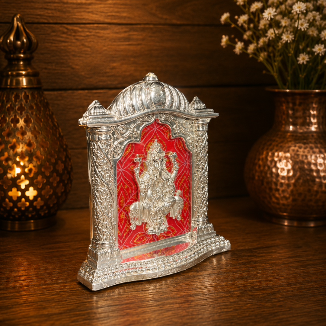 Silver Plated Ganesha Photo Frame Style Idol for Car Dashboard | Decorative Spiritual Showpiece for Home, Office & Diwali Gift | Pure Silver Plating, Base 4 Inches, Height 5 Inches