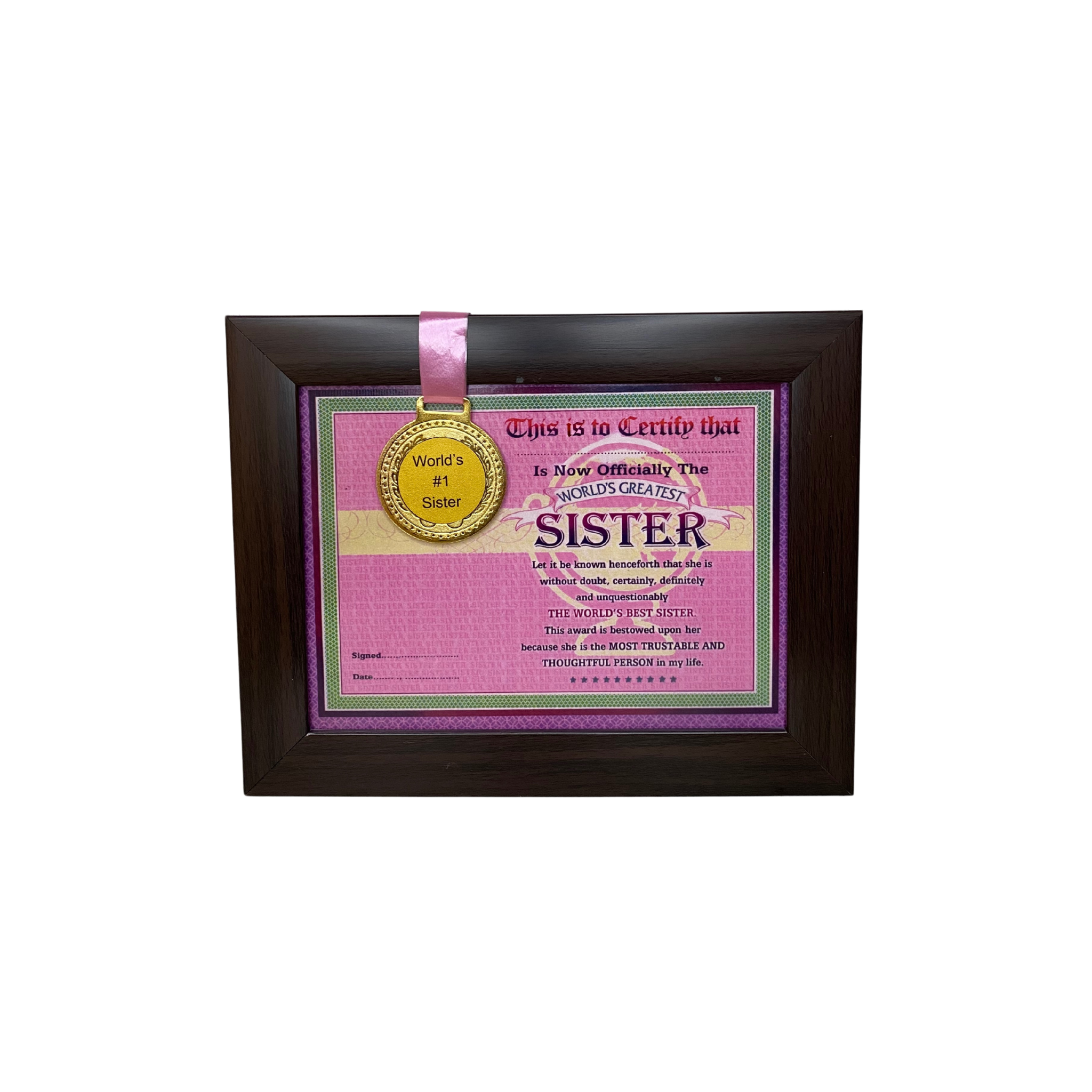 The World's Best Sister Framed Certificate with World's #1 Sister Gold Medal- Unique Gifts for Sister