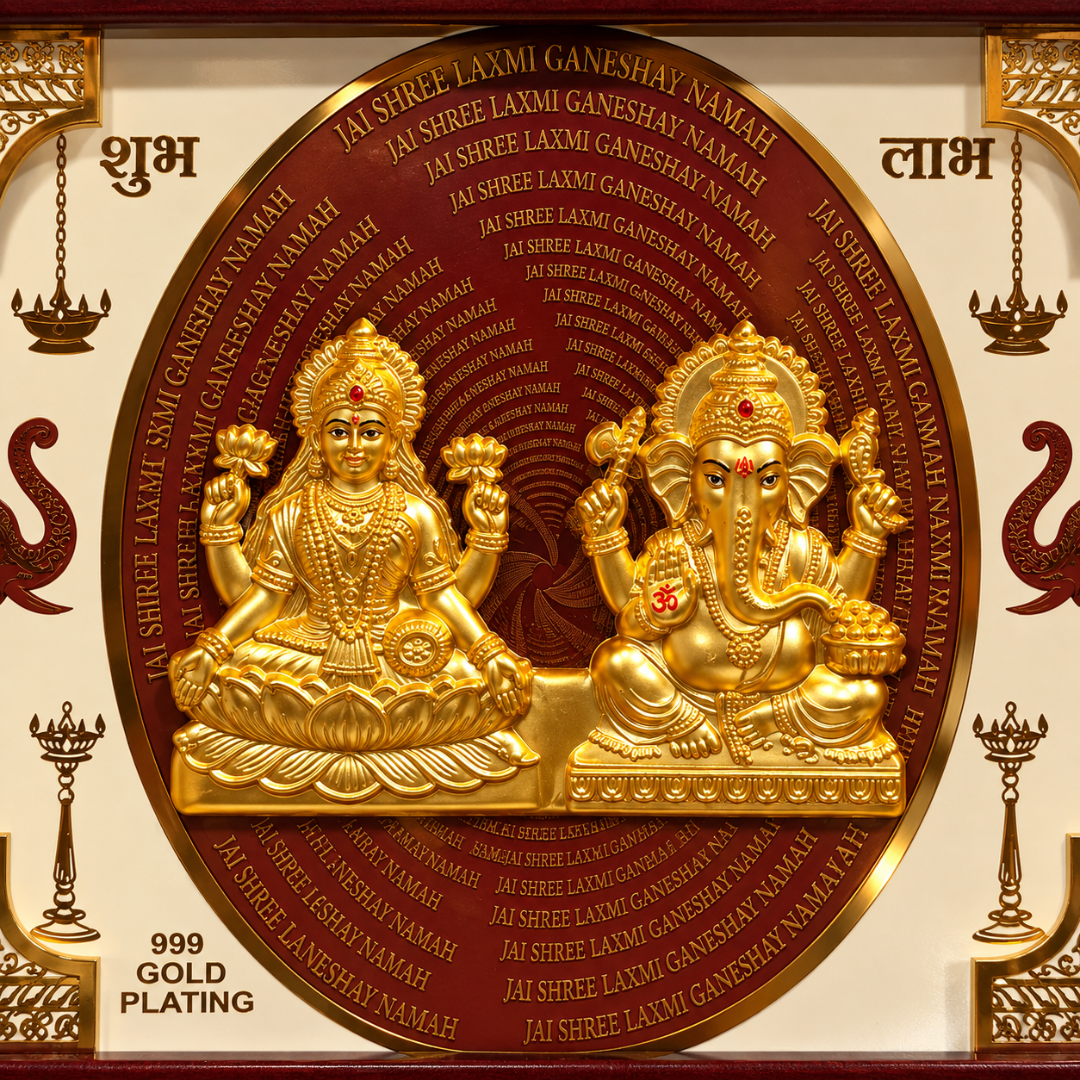 999 Gold Plated Lakshmi Ganesha Wall Hanging in Wooden Frame