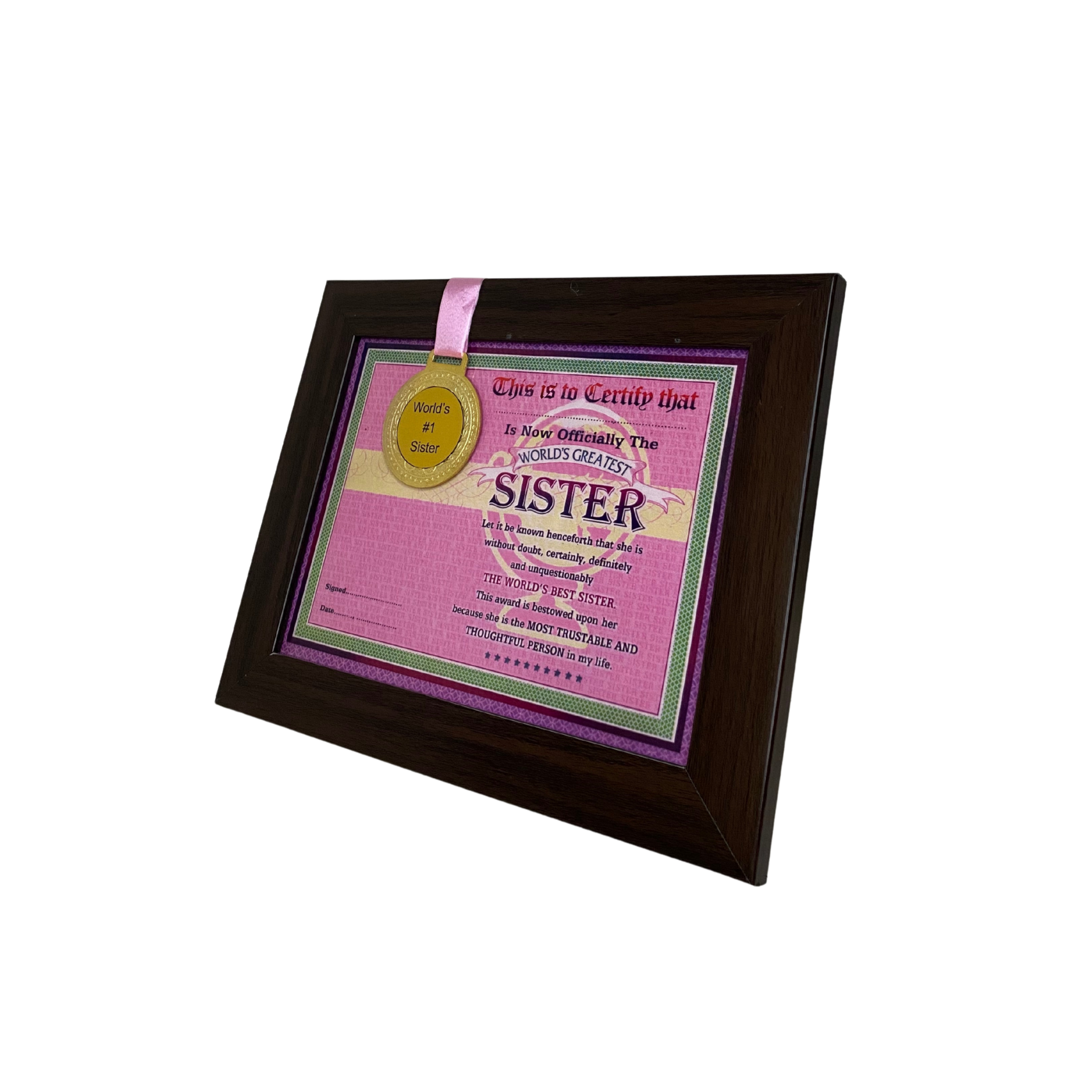 The World's Best Sister Framed Certificate with World's #1 Sister Gold Medal- Unique Gifts for Sister