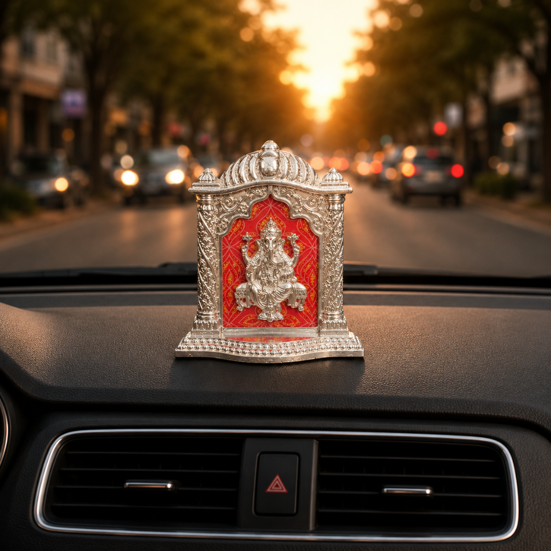 Silver Plated Ganesha Photo Frame Style Idol for Car Dashboard | Decorative Spiritual Showpiece for Home, Office & Diwali Gift | Pure Silver Plating, Base 4 Inches, Height 5 Inches