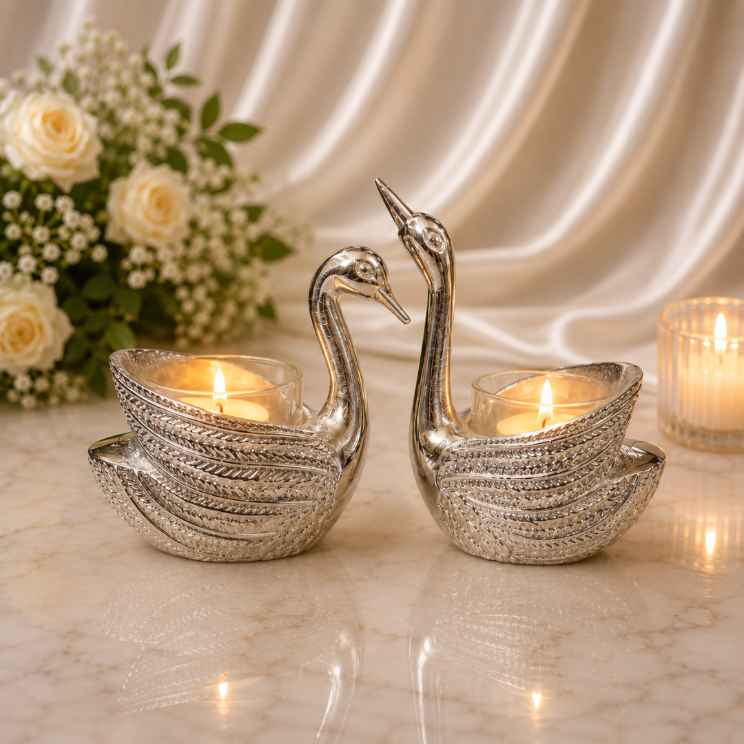 Silver-Plated Couple Swan Candle Holder Hamper with Velvet Gift Box