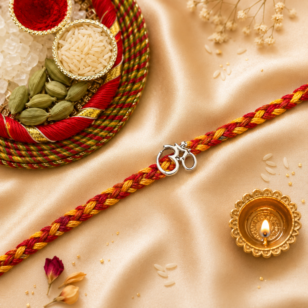 925 Pure Silver Om Rakhi for Brother Bhai - Premium Silver Rakhi with Roli Chawal Pack & Greeting Card | Luxury Raksha Bandhan Gift