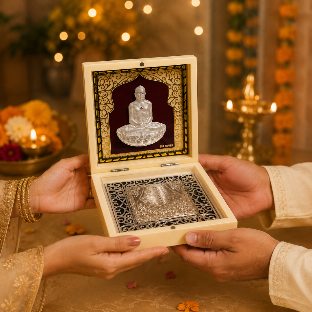 999 Silver Plated Mahavir Swami Idol with Charan Paduka in Gift Box, 4.5 Inch