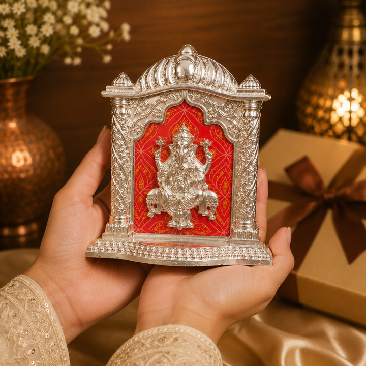 Silver Plated Ganesha Photo Frame Style Idol for Car Dashboard | Decorative Spiritual Showpiece for Home, Office & Diwali Gift | Pure Silver Plating, Base 4 Inches, Height 5 Inches
