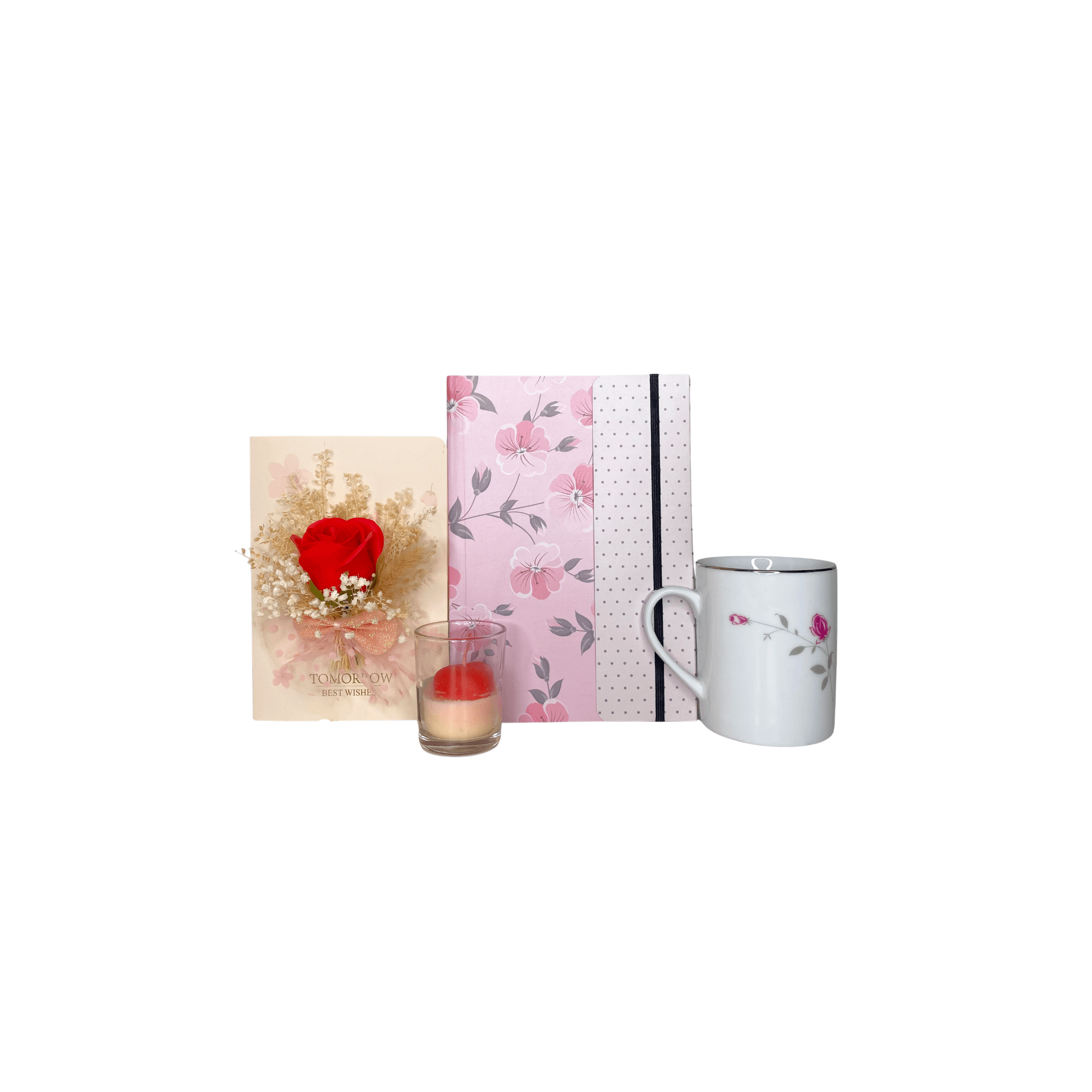Mother's Day Gift Combo with Notebook, Card with rose, Scented Candle, Porcelain Mug