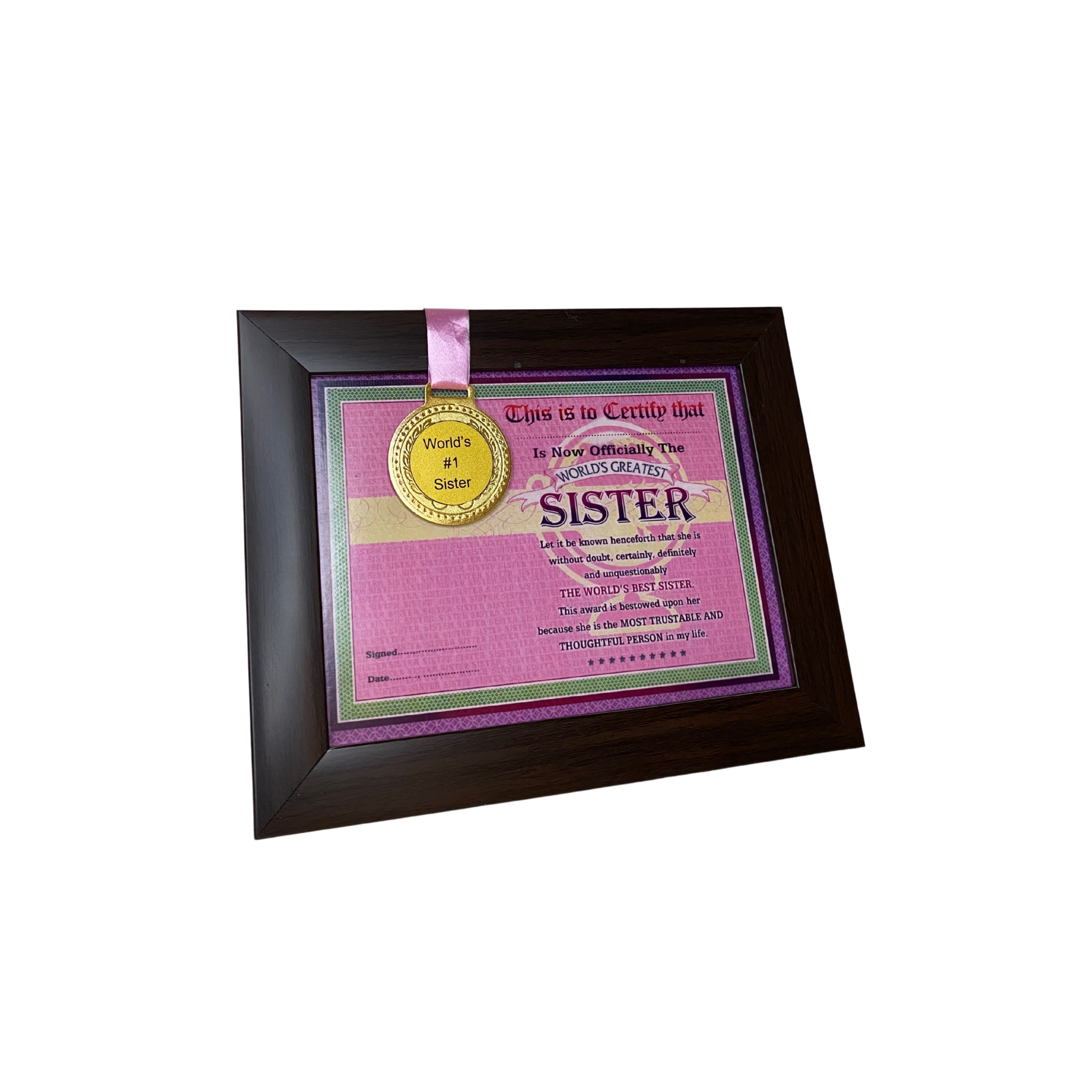 The World's Best Sister Framed Certificate with World's #1 Sister Gold Medal- Unique Gifts for Sister
