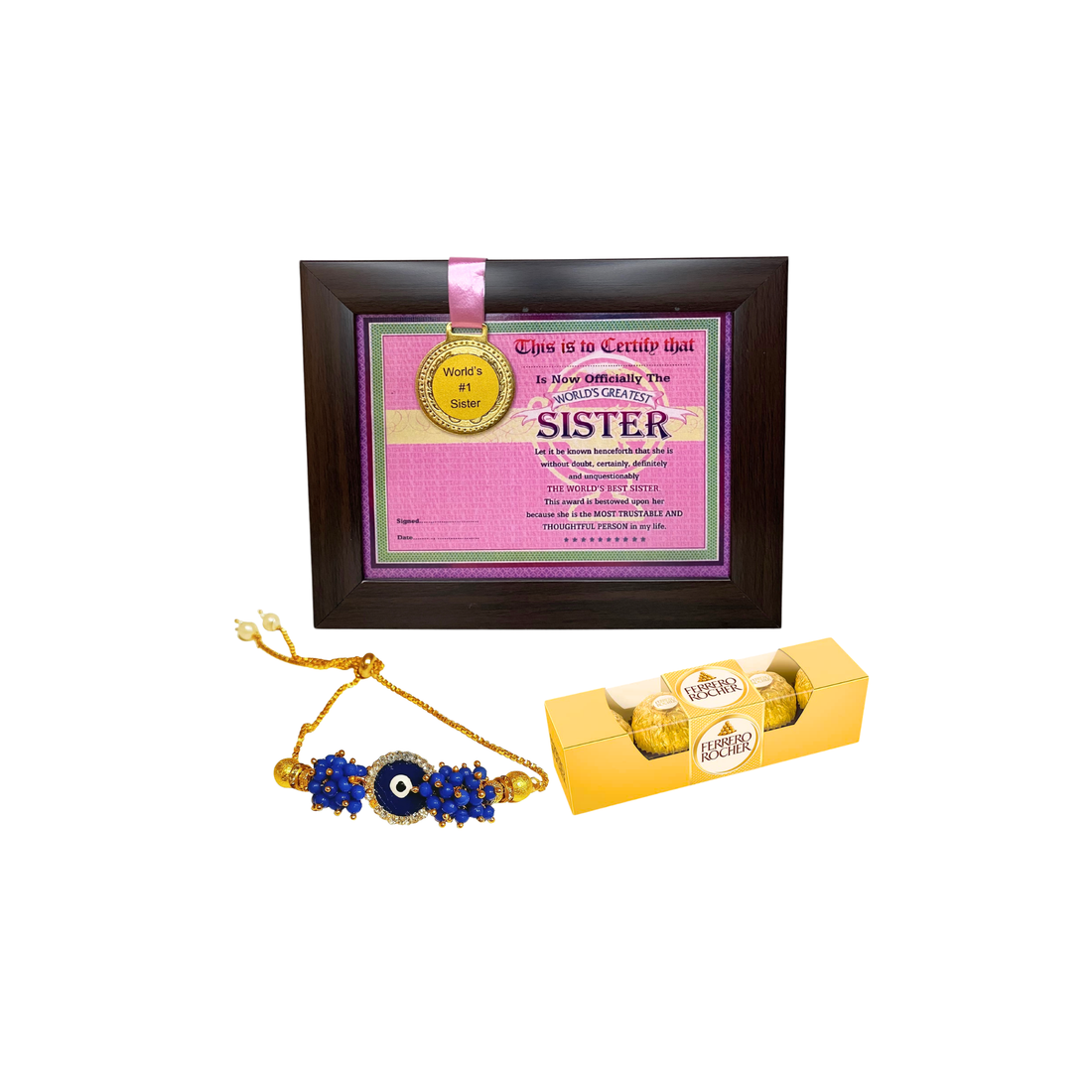Rakhi Gift Combo with Best Sister Medal Frame, Lumba & Chocolate