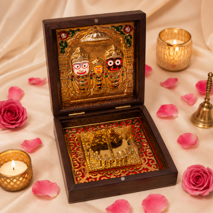 24KT Gold Plated Lord Jagannath, Balabhadra & Subhadra Idol with Charan Paduka