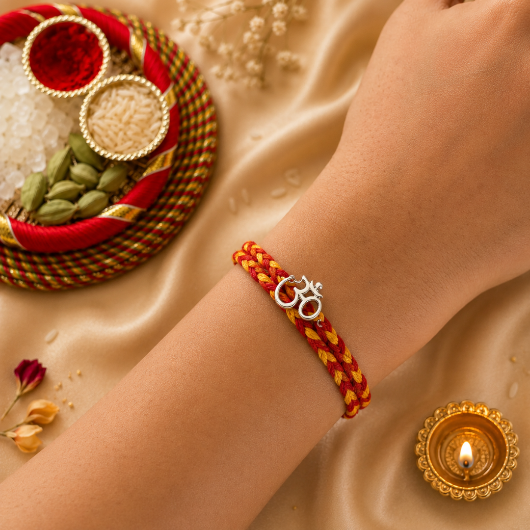 Om Silver Rakhi for Brother - Silver Rakhi with Roli Chawal and Greeting Card For Brother