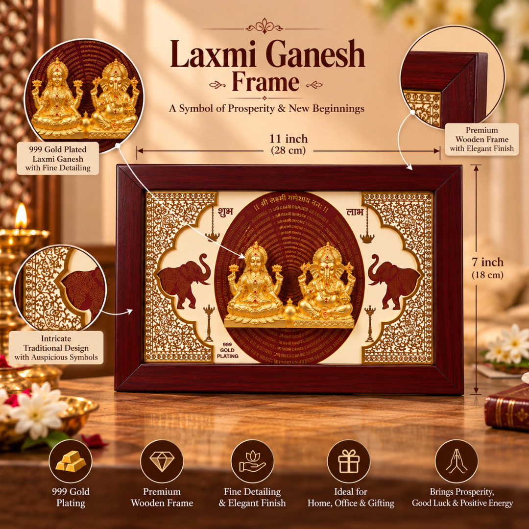 999 Gold Plated Lakshmi Ganesha Wall Hanging in Wooden Frame