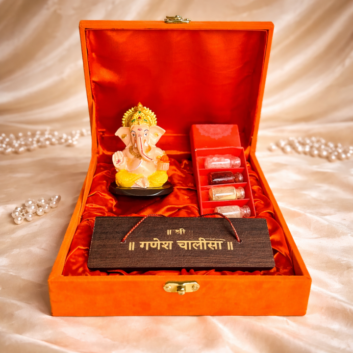 Luxury Ganesha Chalisa Gift Hamper in Velvet Box with Wooden Ganesha Idol, Pooja Samagri & Chalisa