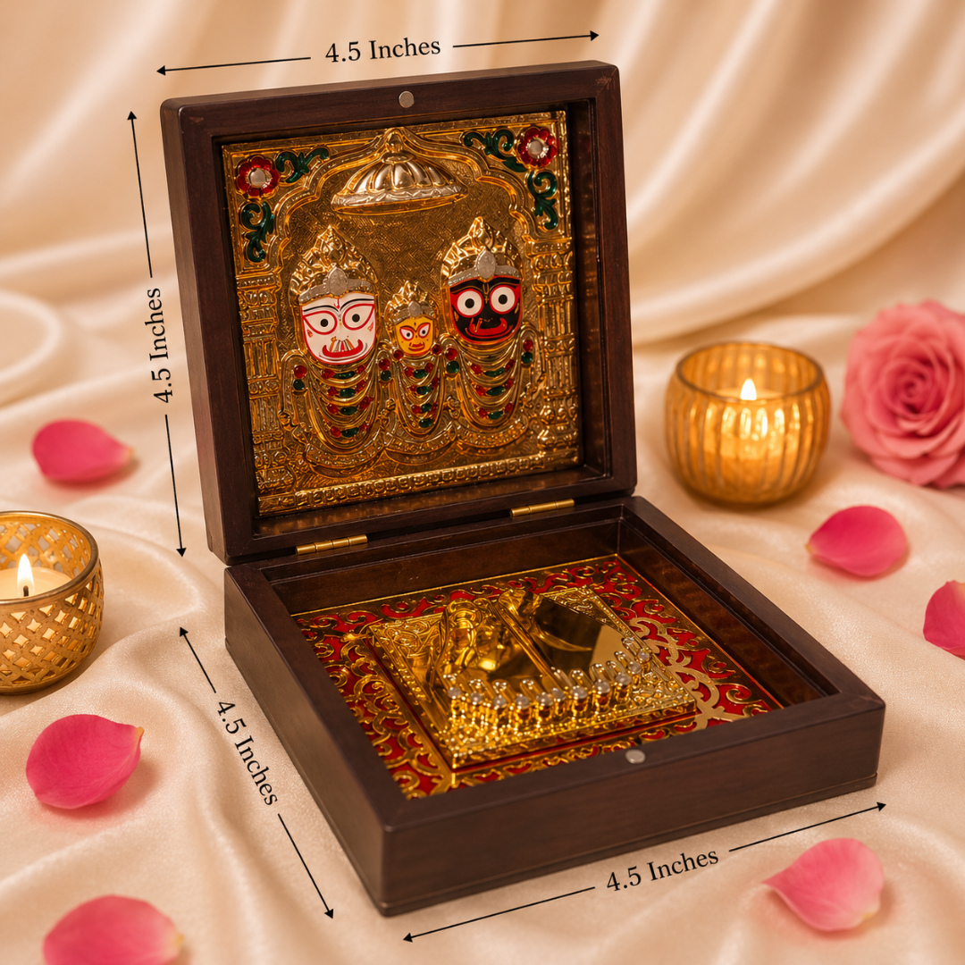 24KT Gold Plated Lord Jagannath, Balabhadra & Subhadra Idol with Charan Paduka